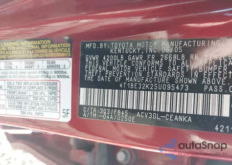 2005 Toyota Camry Le from USA, damaged, VIN 4T1BE32K25U095473